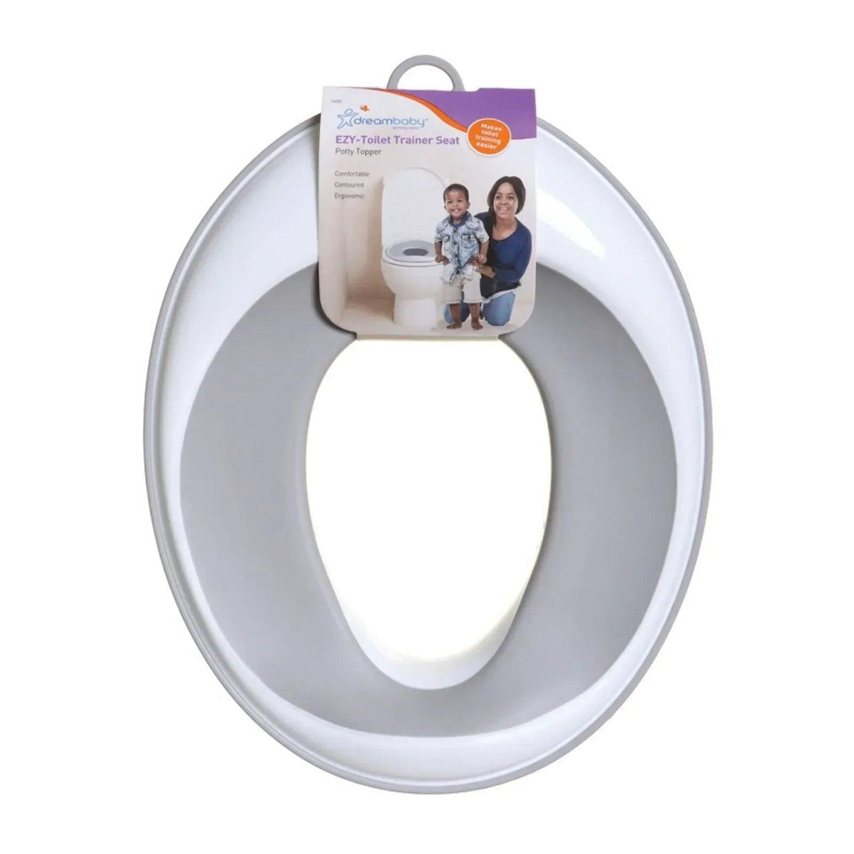Toilet trainer seat with oval opening and carry handle, shown in box