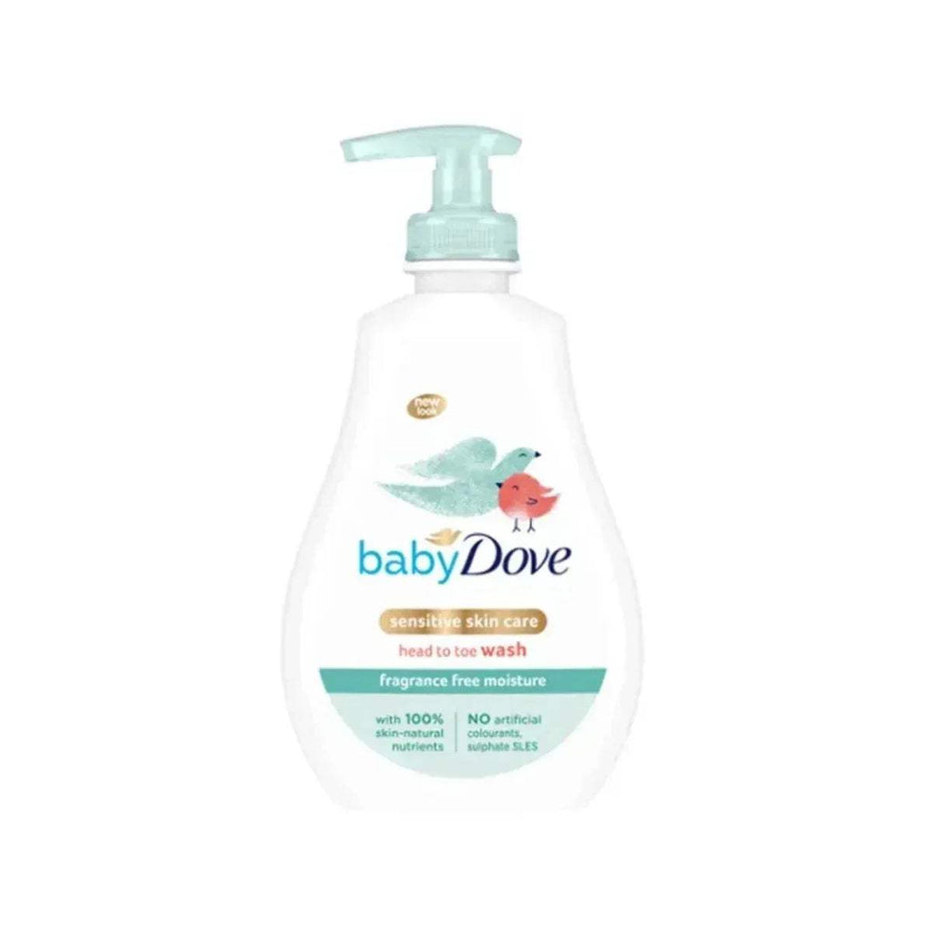 babyDove head to toe wash bottle with teal pump; front label and babyDove logo