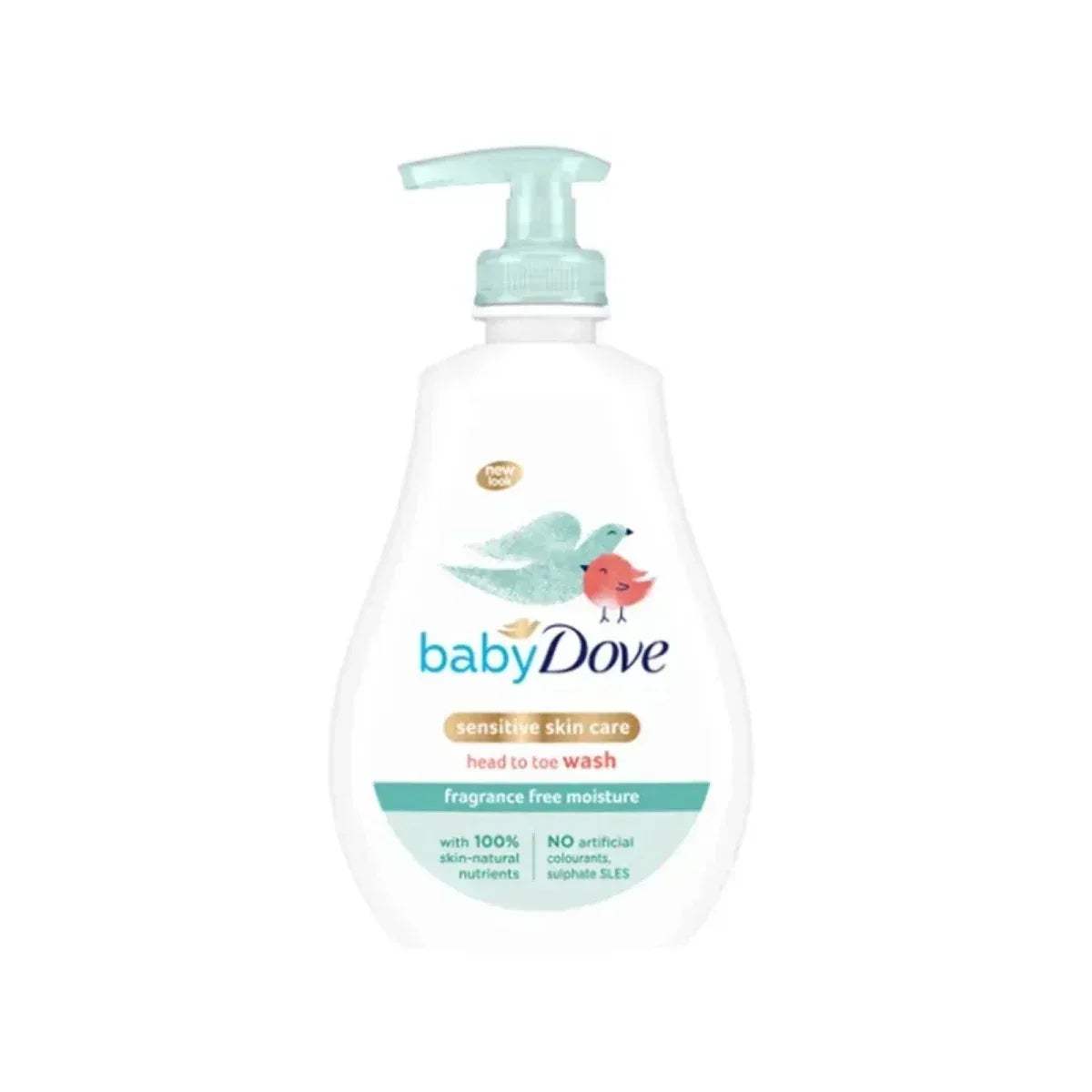 babyDove head to toe wash bottle with teal pump; front label and babyDove logo
