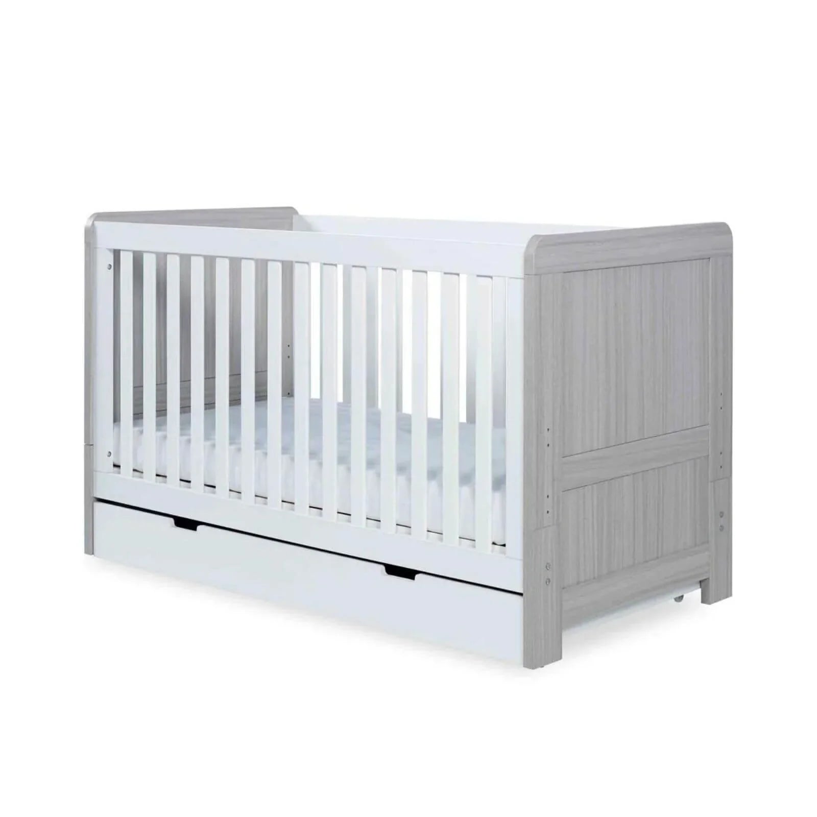 Grey-and-white baby cot with vertical slats and solid side rails