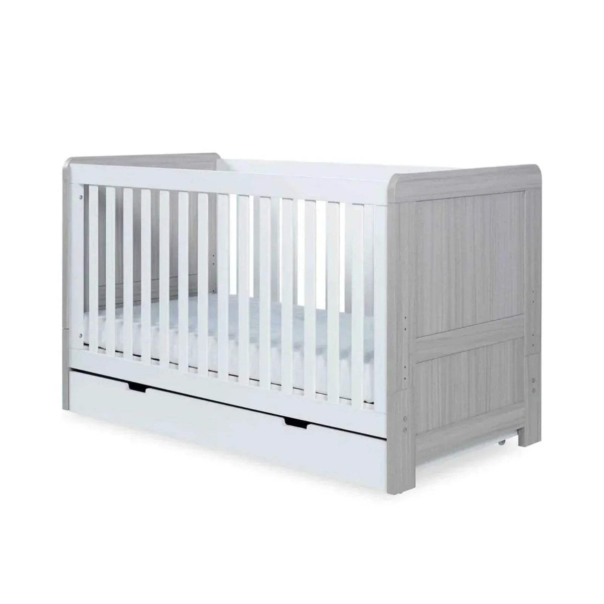 Ash grey and white baby cot with vertical slats and low drawer-style base