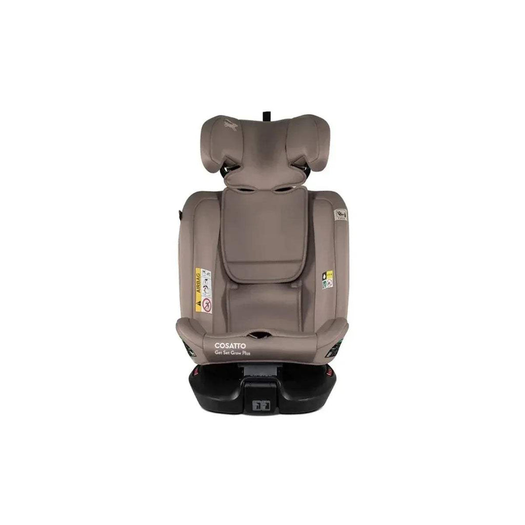 Child car seat front view with brown seat shell and integrated harness cover