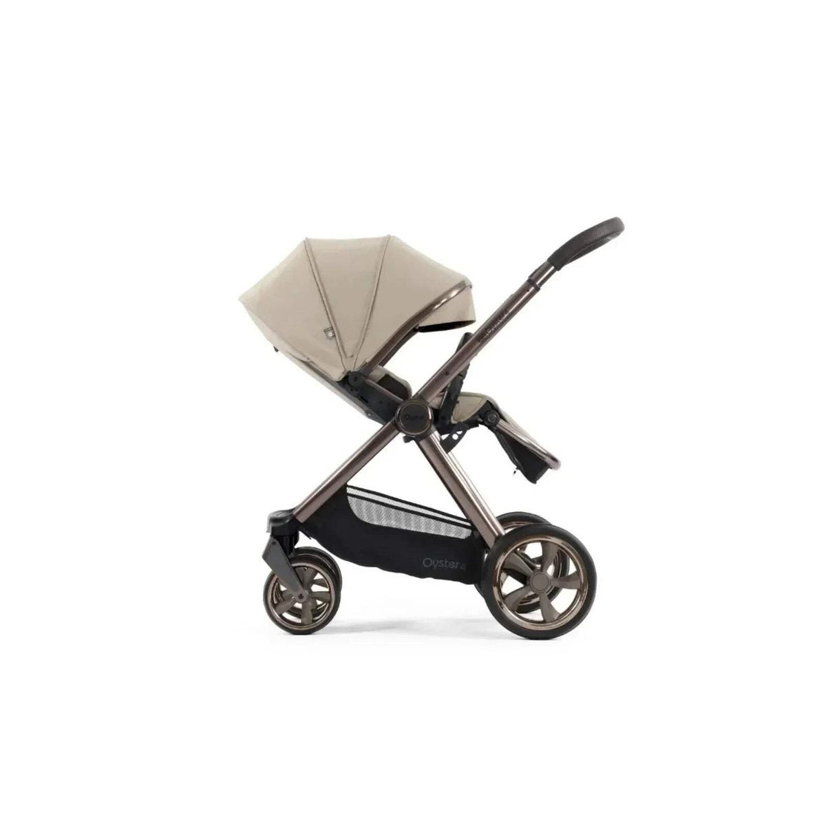 Buttermilk stroller with canopy and black frame, angled side view
