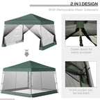 Green pop-up gazebo canopy tent with removable mesh sidewalls and zipper door access