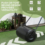 Black lawn roller with round drum and blue handle supports for pushing or towing
