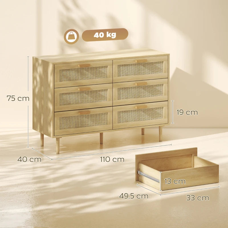 Light oak 6-drawer dresser with rattan fronts and tapered legs; side view.