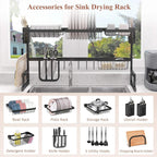 Black over-sink drying rack with accessory holders for bowls, plates, and utensils