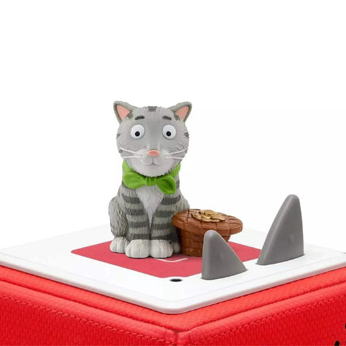 Tabby cat Tonie audio figure with green collar and brown bag on white play base