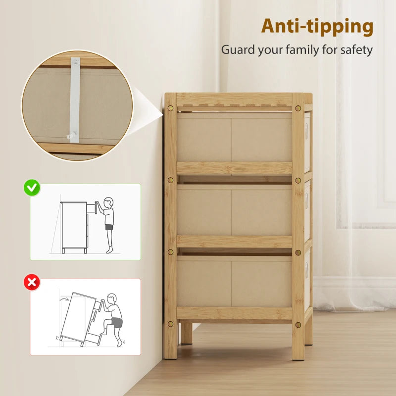 Cream white narrow dresser with bamboo frame, anti-tipping feet, three fabric drawers