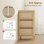 Cream white narrow dresser with bamboo frame, anti-tipping feet, three fabric drawers