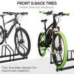 Black bike rack holding bicycles by tires using two bracket designs for stability