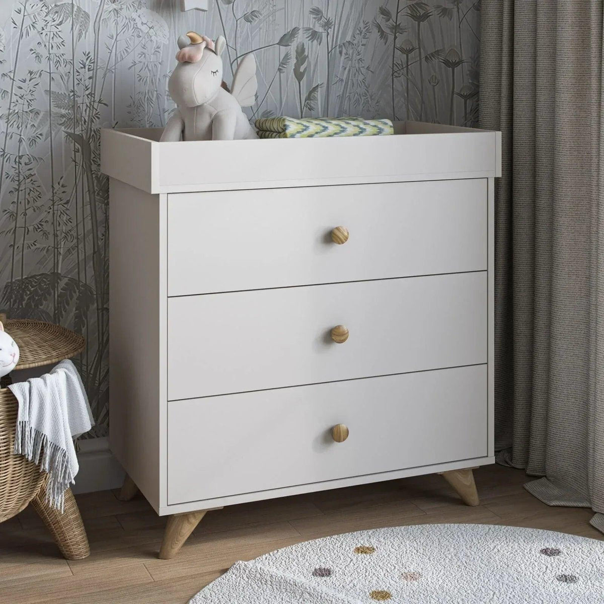 Kids changing dresser in cashmere beige with three drawers and raised changing top