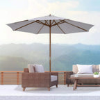 Cream patio parasol with wooden pole and rope pulley, wide open canopy