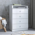 White kids changing dresser with 4 drawers and raised changing pad rail