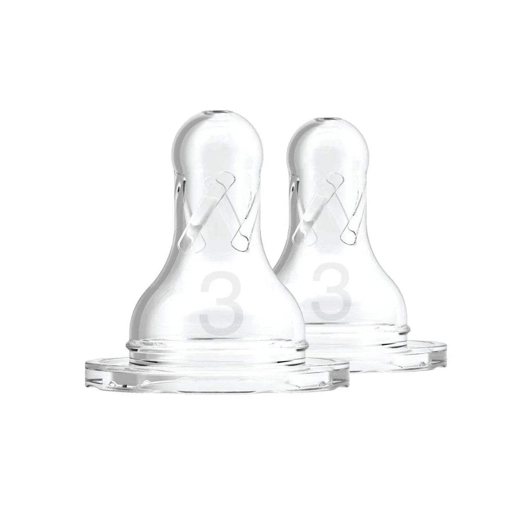 Two clear silicone narrow neck Level 3 baby bottle teats, 6+ months, 2-pack