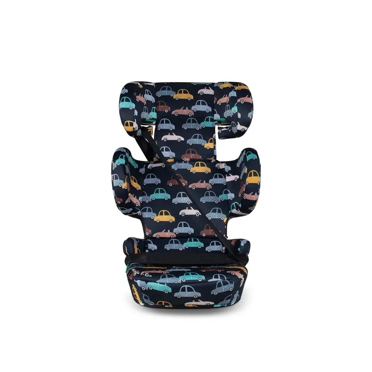 Kids car seat rear view, navy car print fabric with side wings