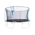 14ft outdoor trampoline with blue poles and gray safety net enclosure