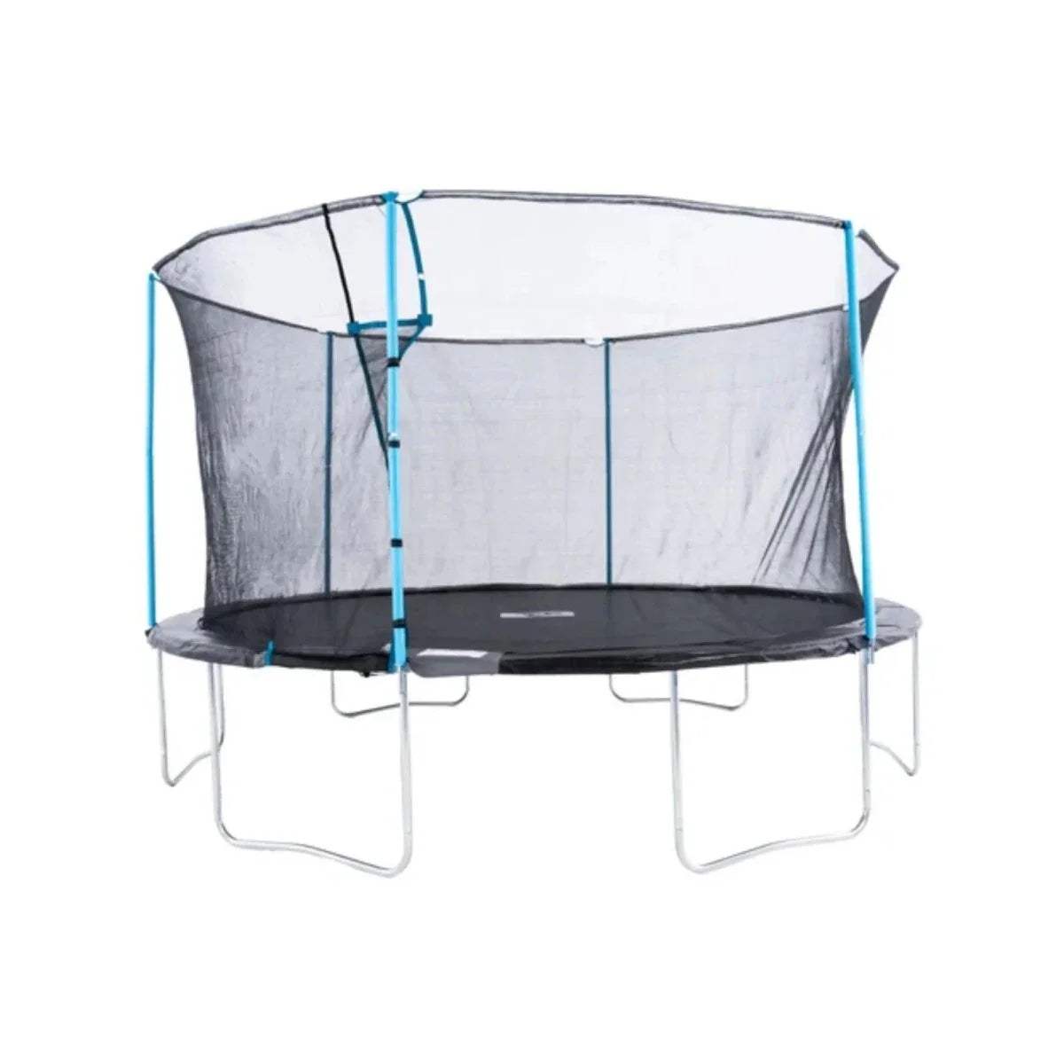 14ft outdoor trampoline with blue poles and gray safety net enclosure