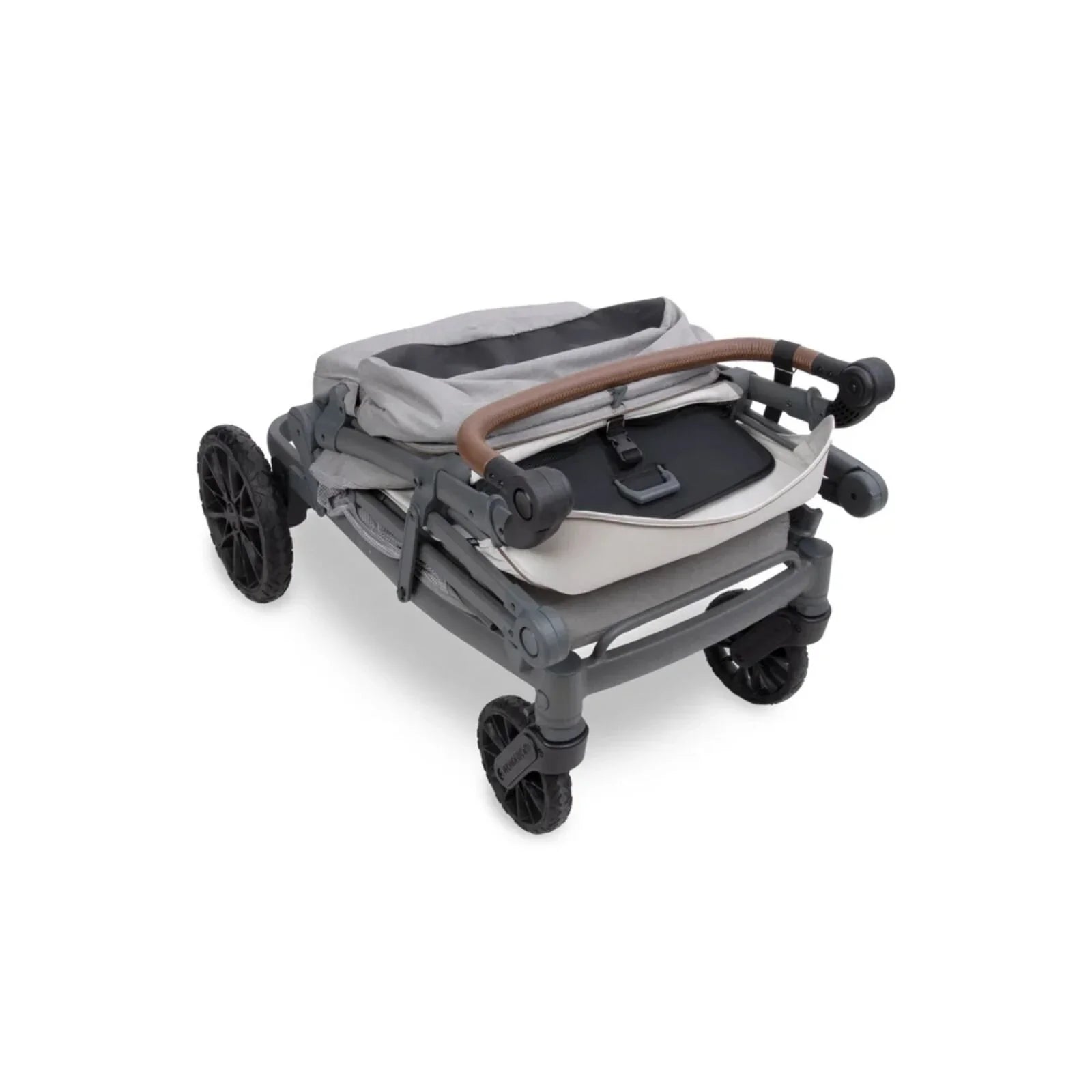 Grey stroller wagon side view with canopy frame and padded seat base