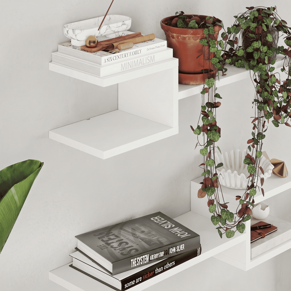 White floating shelf set with stepped corner design and open cube compartments