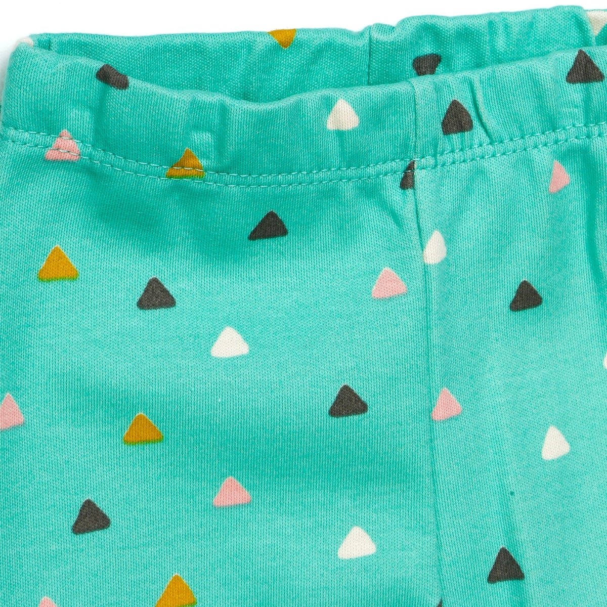 Mint pajama pants with elastic waistband and colorful triangle print.