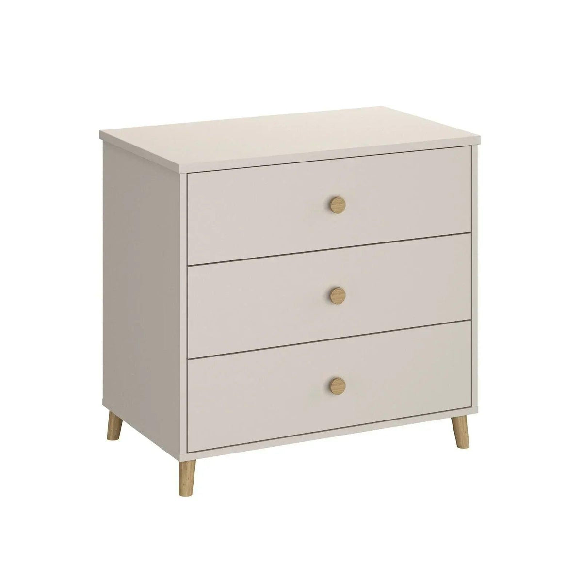 Kids changing dresser in cashmere beige with three drawer fronts and round brass knob pulls