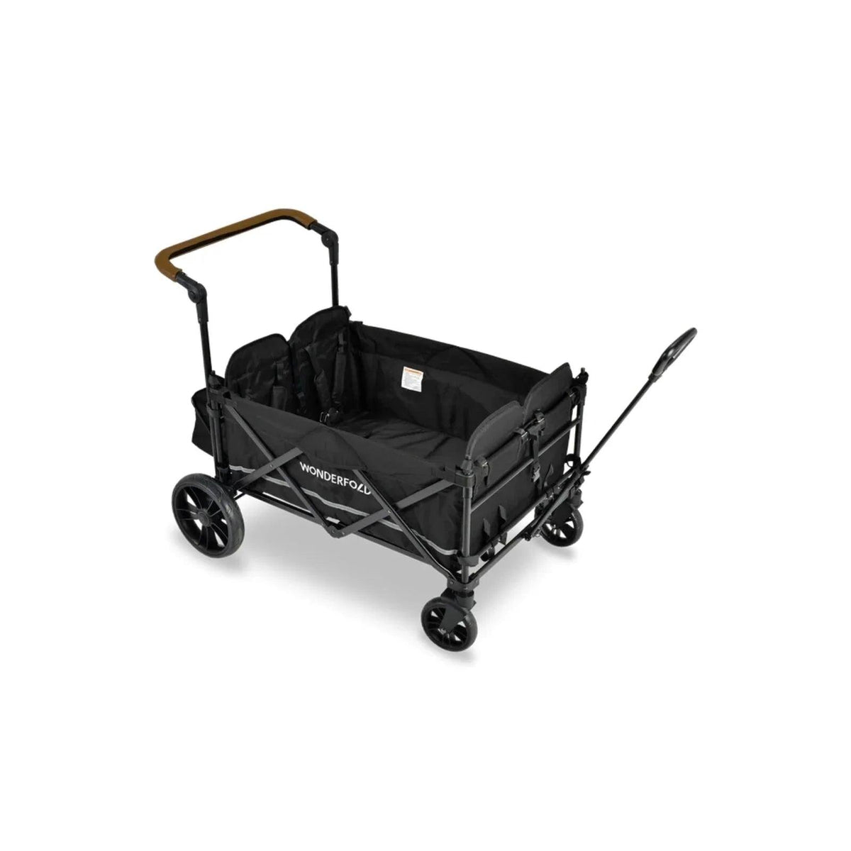 Black quad stroller wagon with canopy and padded seats, angled rear three-quarter view