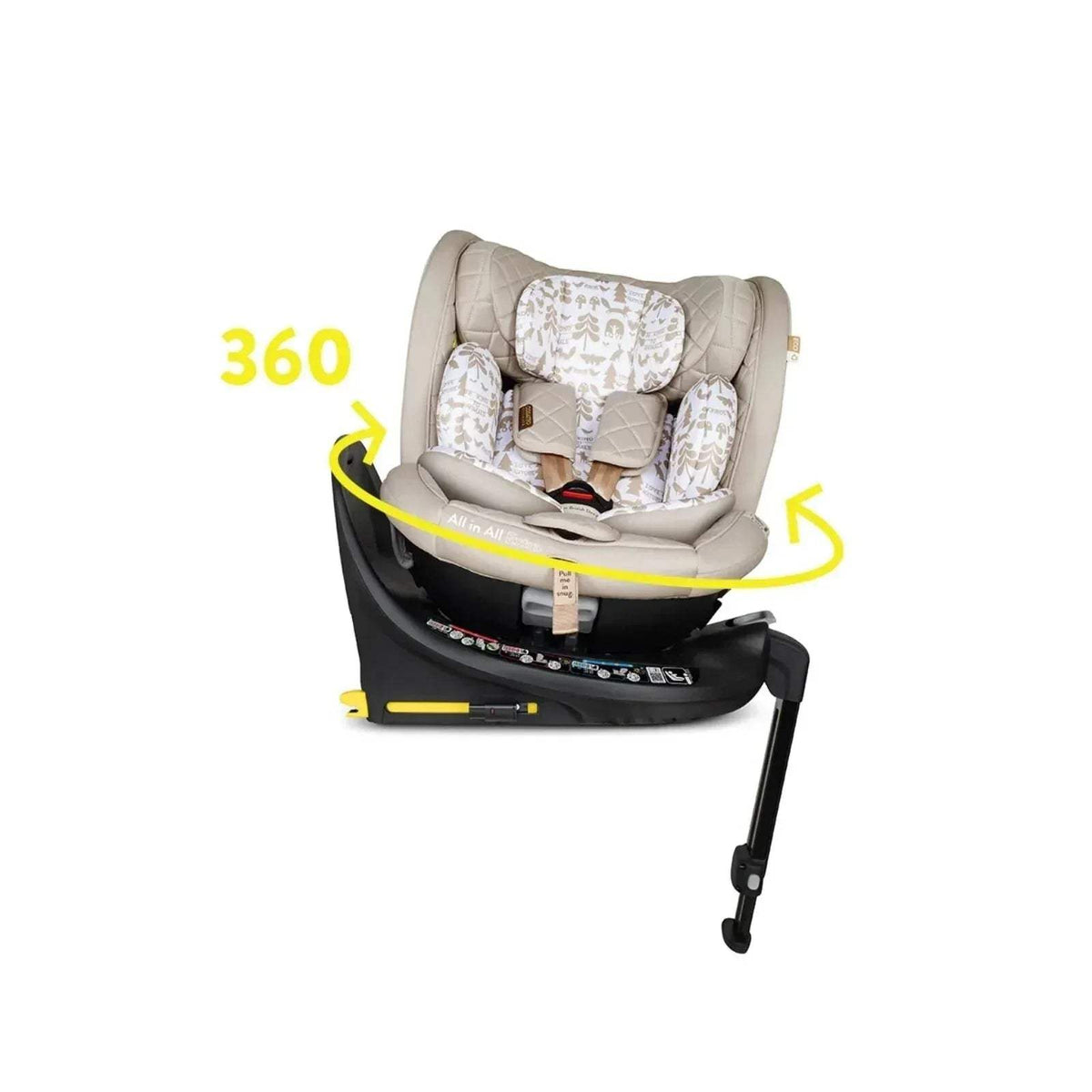 Beige car seat with animal-print inserts and black base, marked 360° turning ring