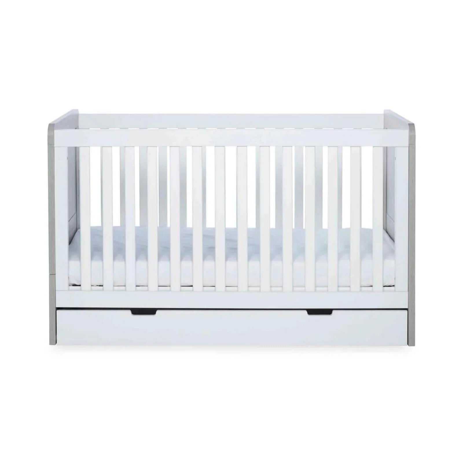 Grey-and-white baby cot front view with vertical safety bars