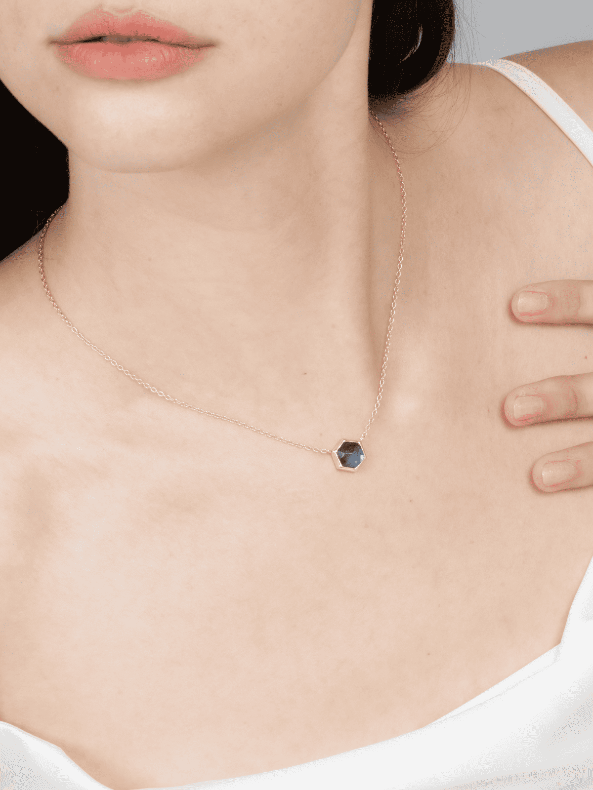 Labradorite necklace in 18k gold vermeil with a small faceted blue hex pendant