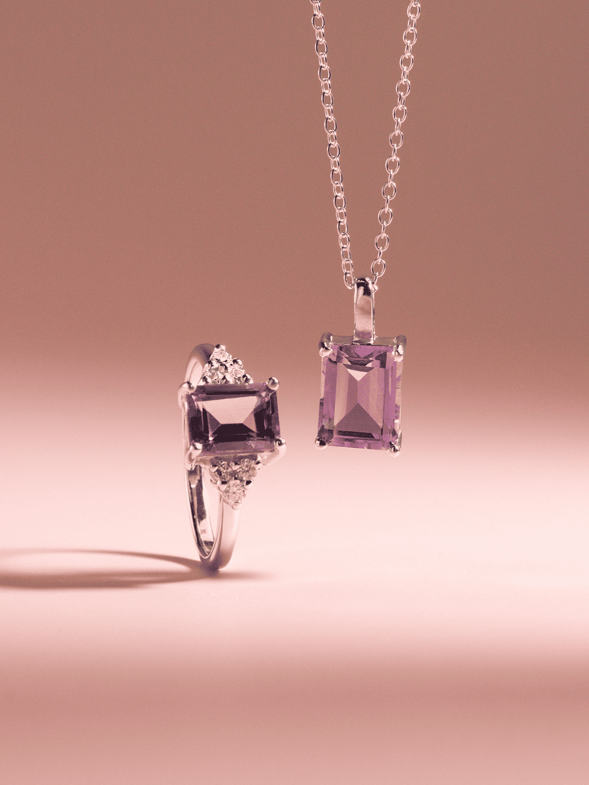 Sterling silver pendant with lavender emerald-cut gemstone on chain
