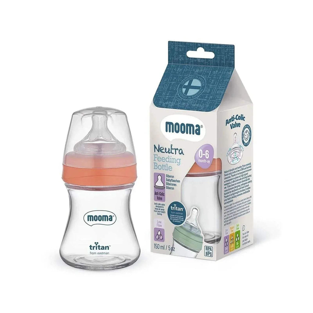 Coral pink Neutra feeding bottle beside retail box, 150ml slow flow Tritan