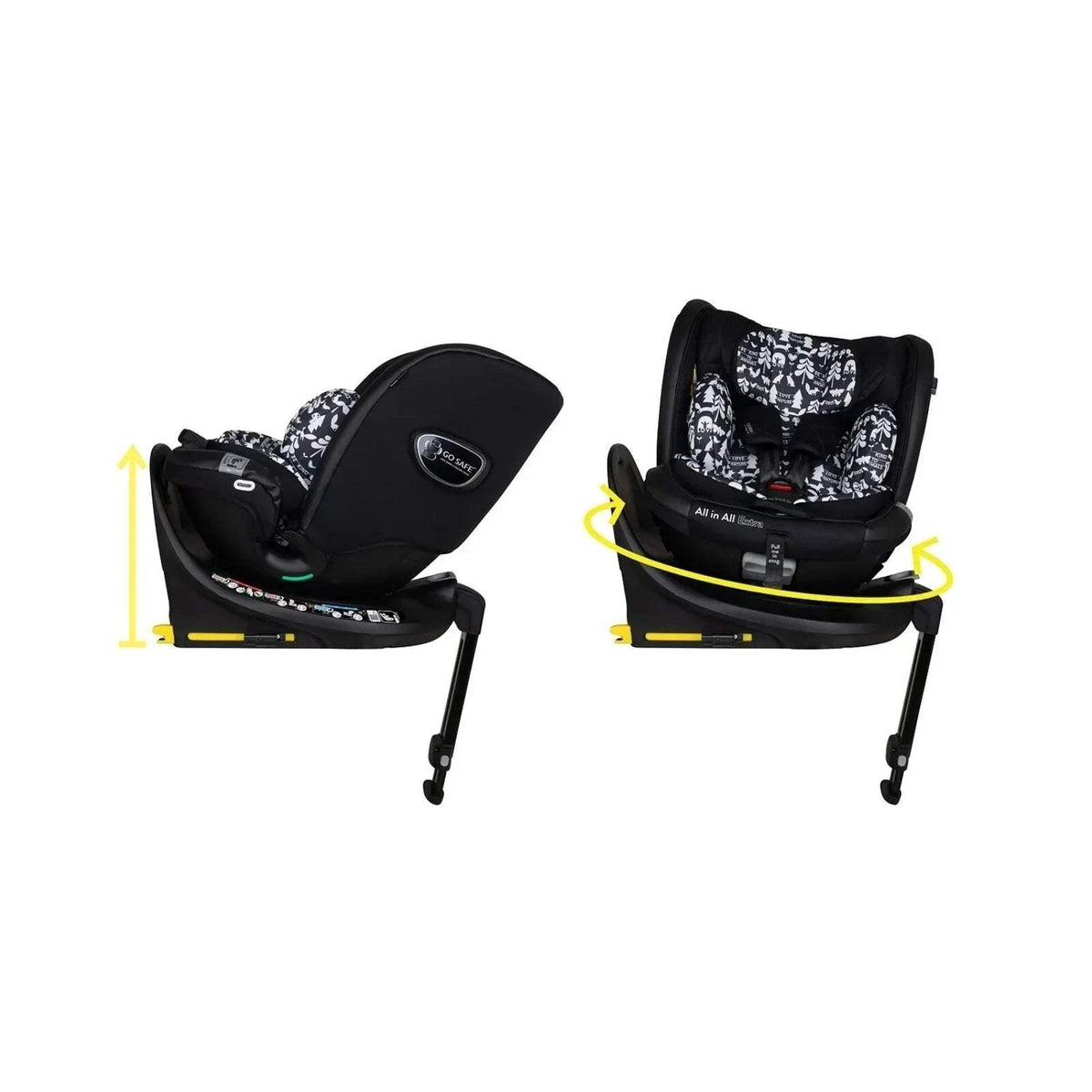 Cosatto i-Size 360 car seat shown from side, black shell with white animal print inserts