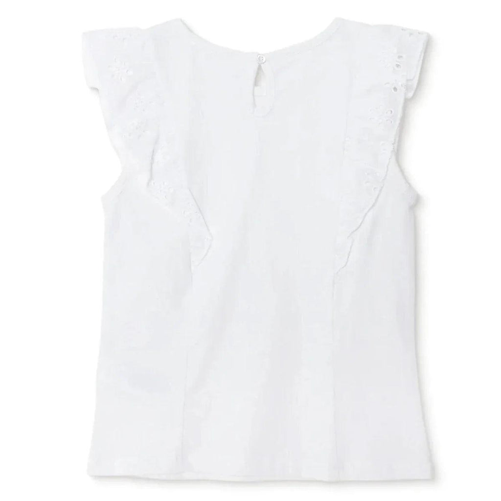 Off-white short-sleeve baby blouse with gathered yoke and button placket.