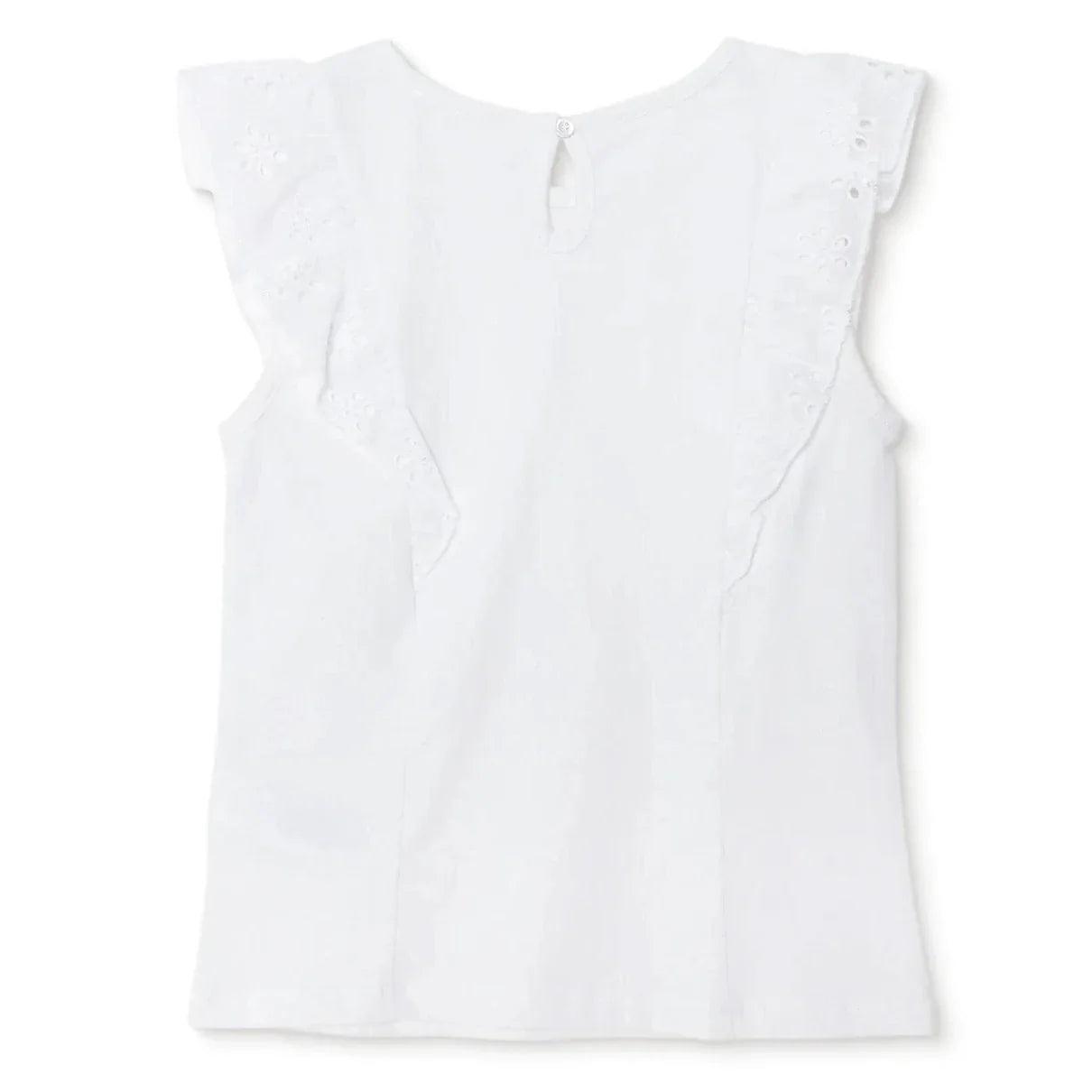 Off-white short-sleeve baby blouse with gathered yoke and button placket.