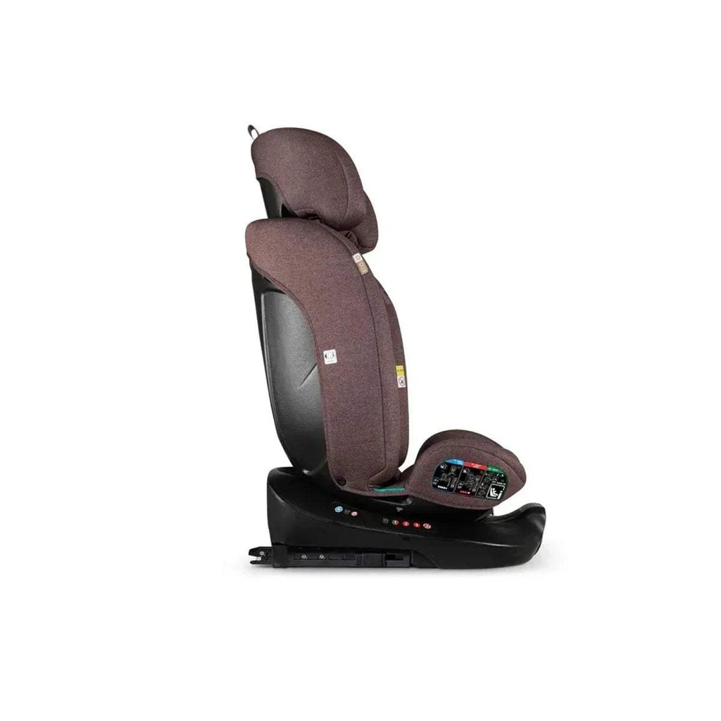 Cosatto group 0-1-2-3 car seat in brown, rear side view