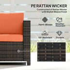 Orange outdoor sofa with dark woven rattan armrest and textured side panel