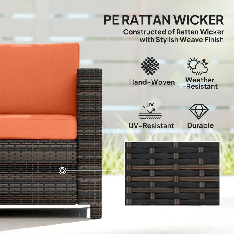 Orange outdoor sofa with dark woven rattan armrest and textured side panel