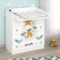 Kids changing dresser with giraffe mural, changing pad shelf and three drawer fronts