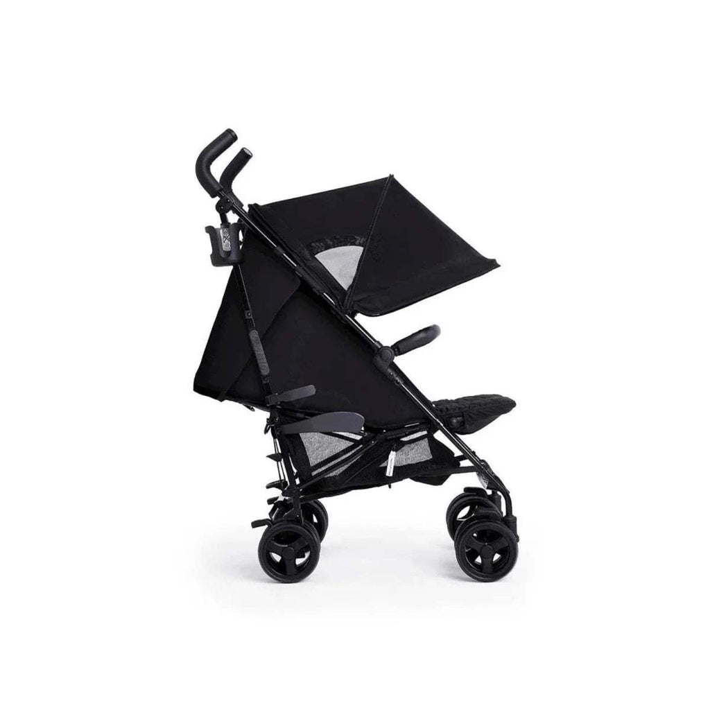 Folded black stroller with canopy and seat netting visible, side view
