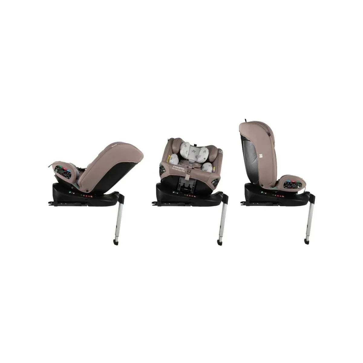 Child car seat shown in three views, brown shell with grey animal-print insert