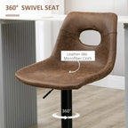 Brown bar stool with cutout backrest, leather-like seat, and 360° swivel
