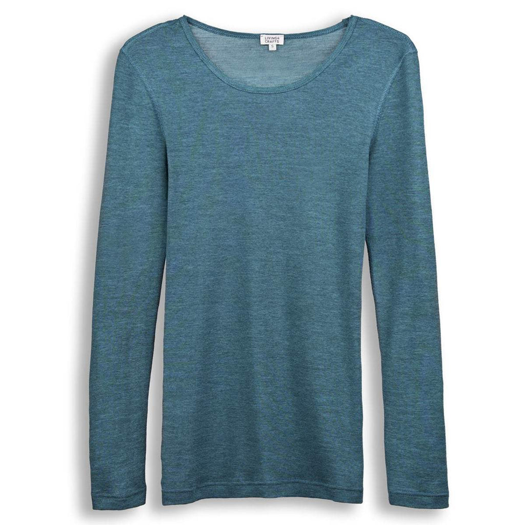 Women’s long sleeve t-shirt in heather teal blue, crew neck