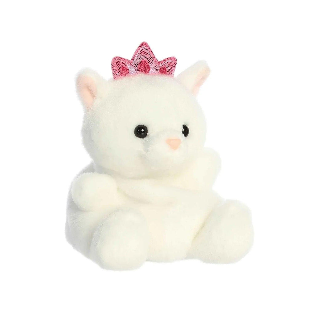 White plush kitty soft toy sitting, pink crown bow, embroidered black eyes