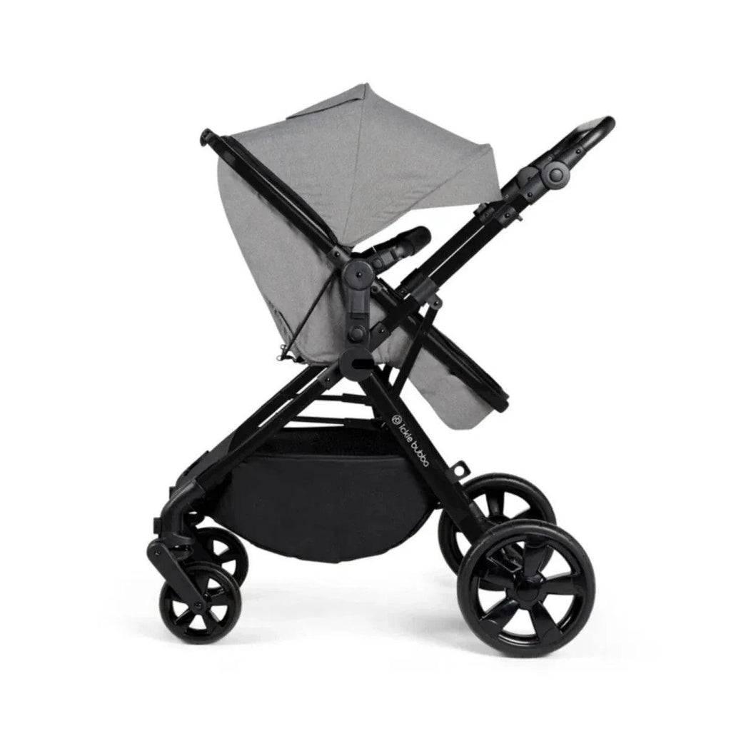 Space grey stroller with canopy and padded seat; black wheels and frame, side view
