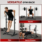 Versatile gym weight rack with dip and bench press compatible steel frame and J-hooks