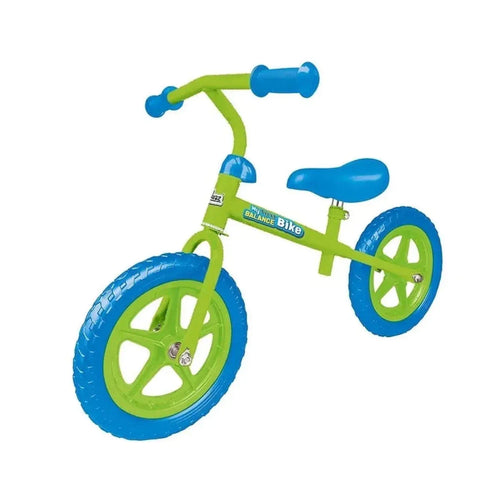 Green and blue kids balance bike with two-spoke wheels and padded handlebar grips