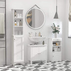 White tall bathroom cabinet with open shelves and shutter door, freestanding
