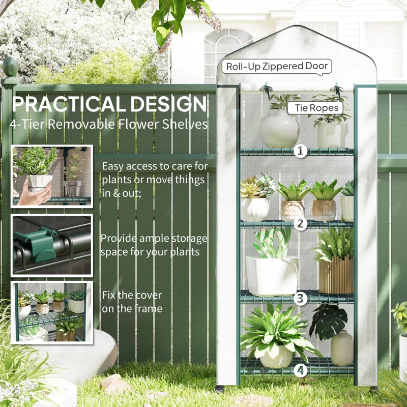 White 4-tier portable greenhouse with roll-up zippered door and metal shelves