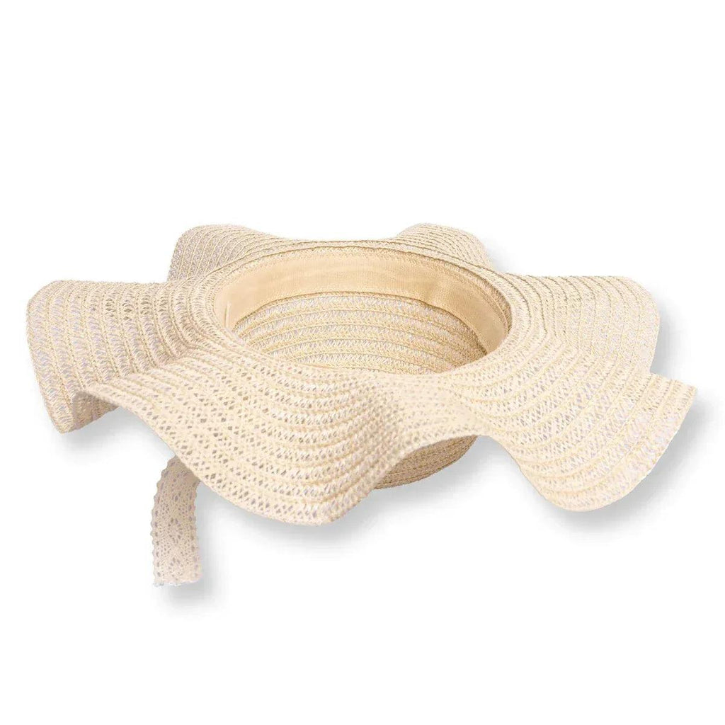 Ecru woven straw hat with ribbon trim and open inner brim view